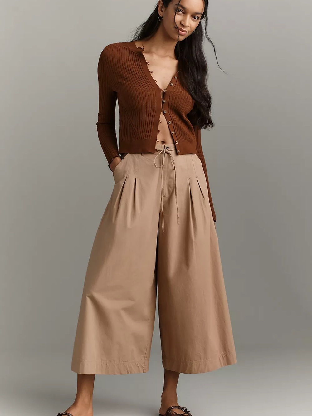 Damson Madder High-Rise Wide-Leg Drawstring Culotte Pants in Light Brown